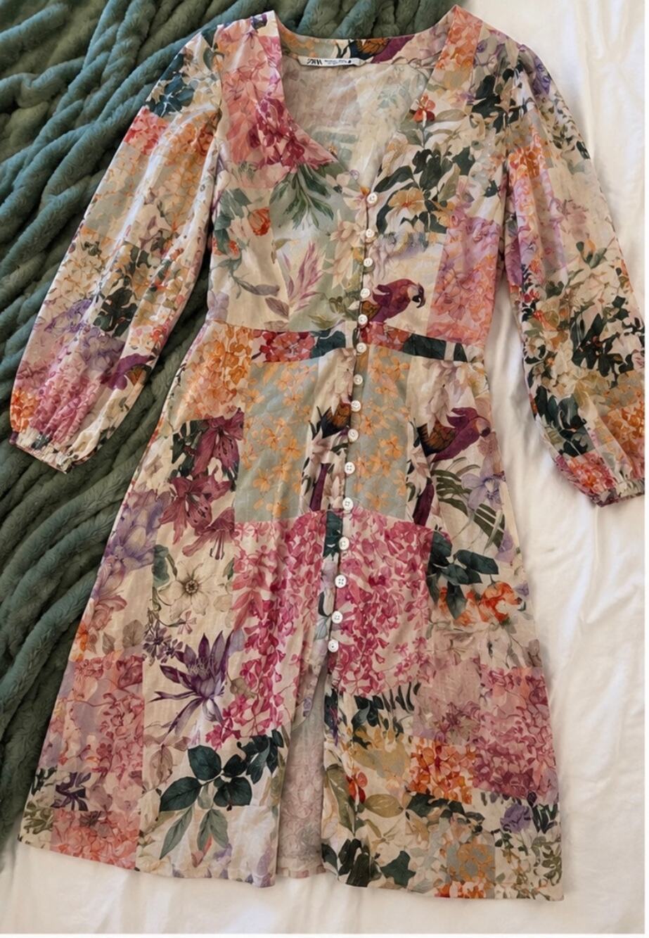 Zara Floral Patchwork Shirt Dress Medium – Romantic Cottagecore Boho Knee-Length